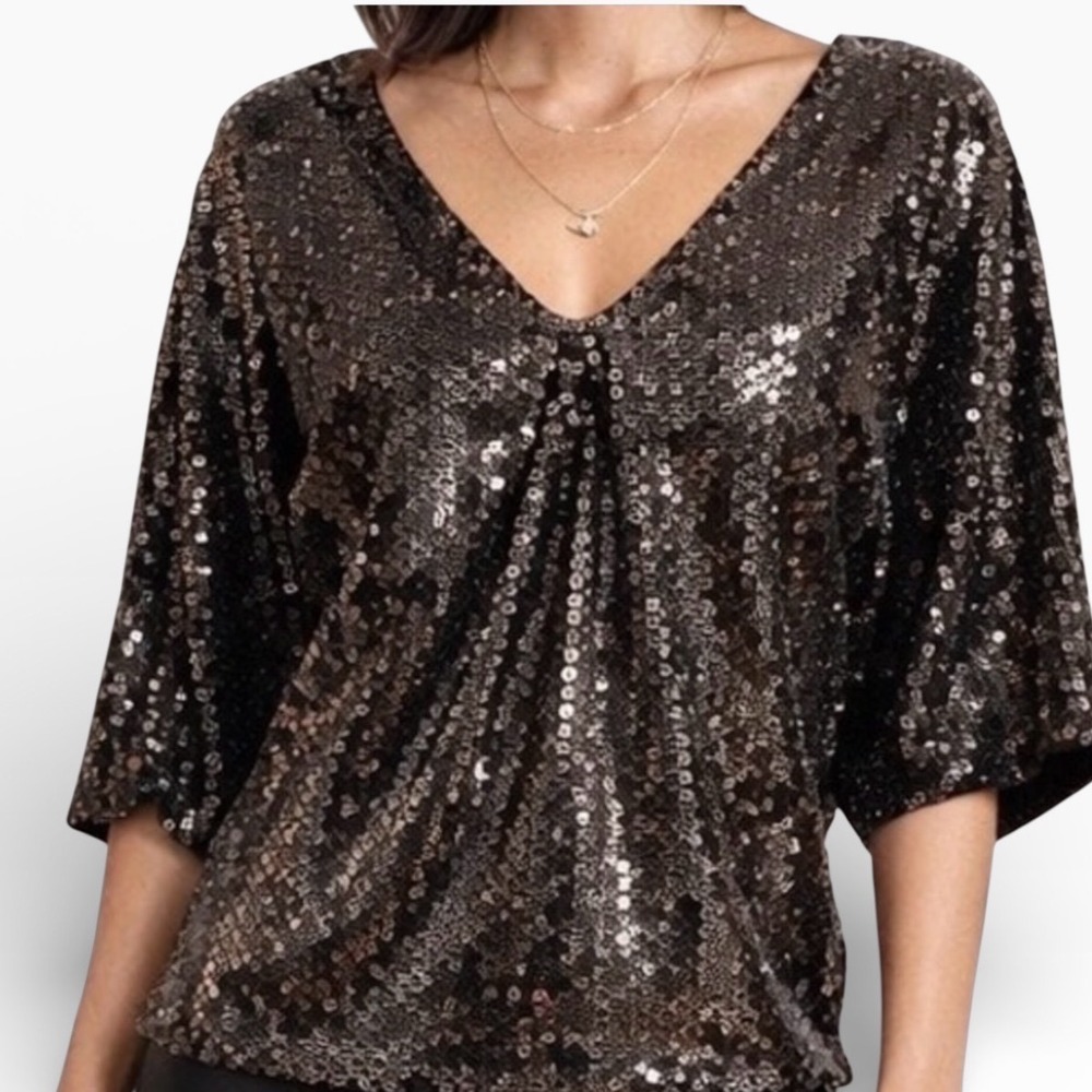LaRok‎ Shimmering V-Neck Bat Wing Gunmetal Black Sequin Blouse Party Vibes Large